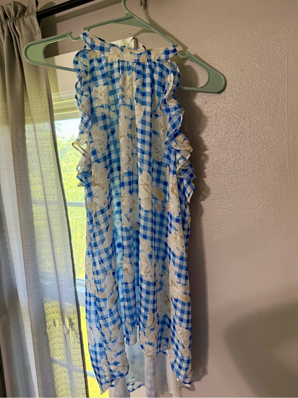 Cato Blue and Cream Gingham Floral top